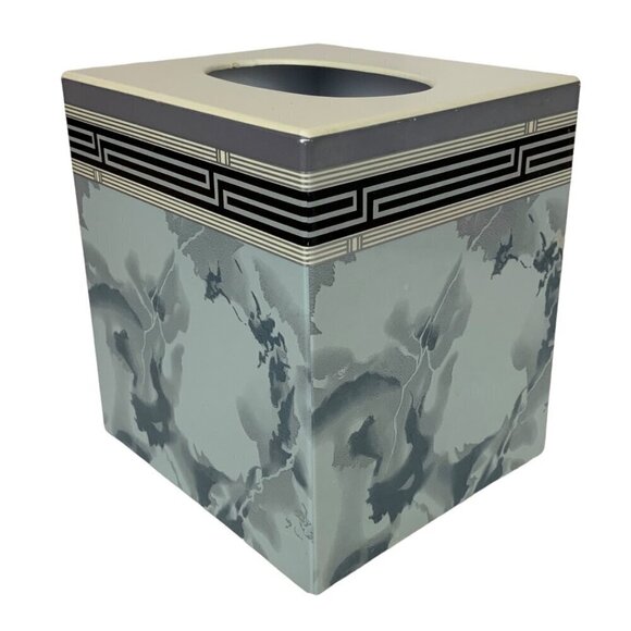 Vintage Geometric Plastic Tissue Box Cover Marbled Blue & Black with White Top - Picture 1 of 8